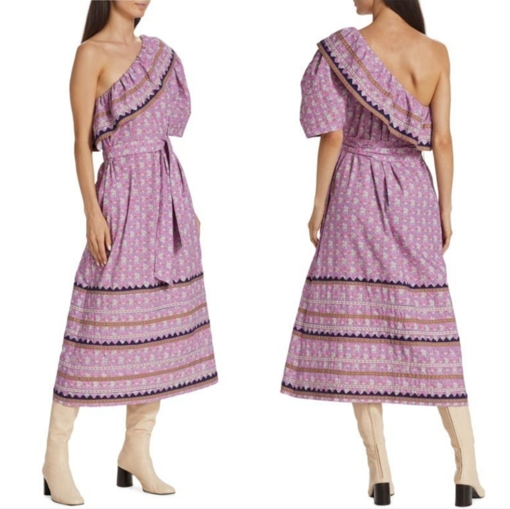 NWT Sea NY Perry One‎ Shoulder Midi Dress Purple Floral Border Print Size Small - Picture 2 of 16